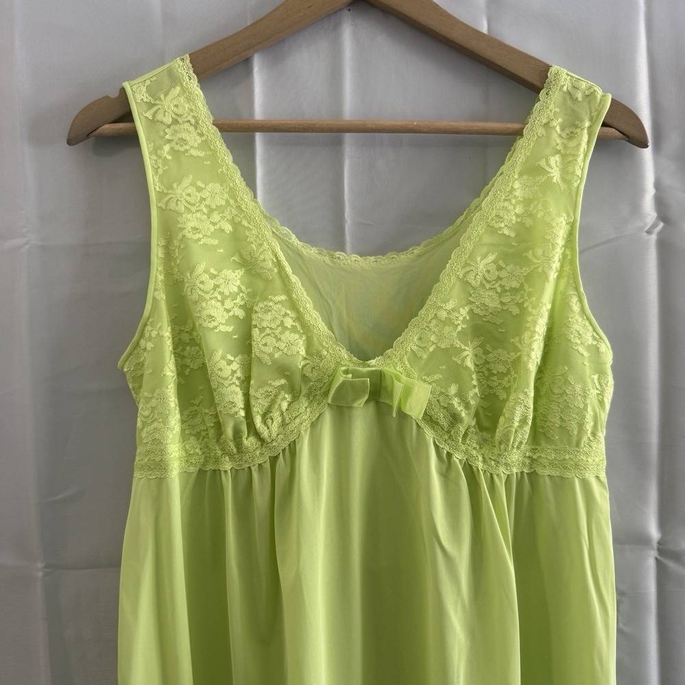 VTG Shadowline M Nightgown Lime Green Long Sleeveless Lace‎ Bow Babydoll Sexy